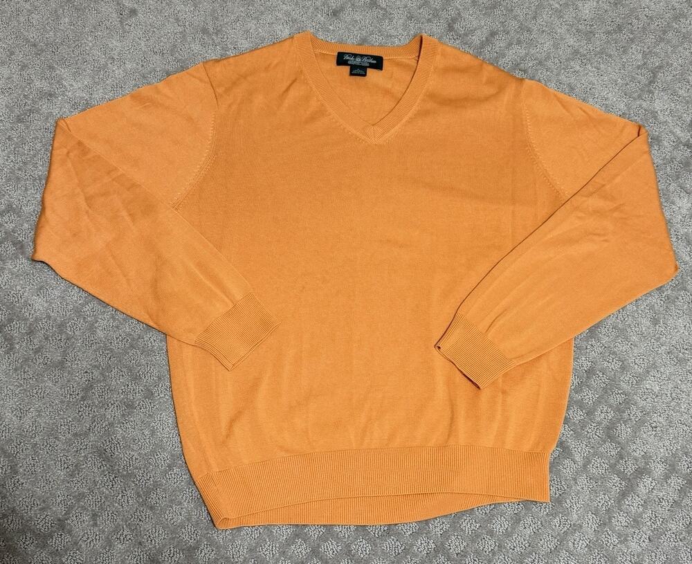Brooks Brothers Country Club Mens V Neck Sweater Orange Silk Cotton Blend Size L